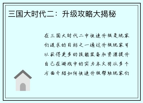 三国大时代二：升级攻略大揭秘